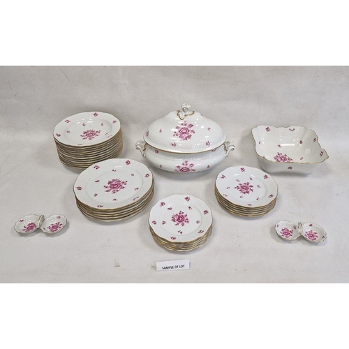 66 - Herend porcelain dinner service mainly for six, all decorated with pink floral sprays, osier border,... 