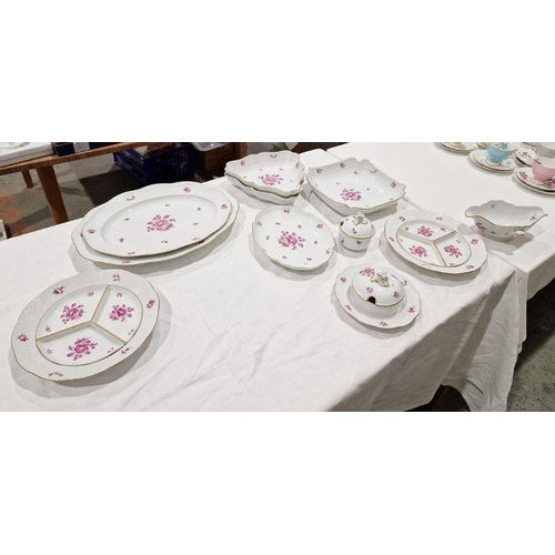 66 - Herend porcelain dinner service mainly for six, all decorated with pink floral sprays, osier border,... 