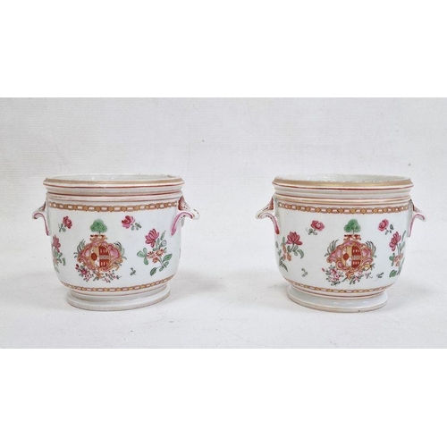 68 - Pair 19th century Samson porcelain cache pot in the Chinese armorial style, pink floral decorated wi... 