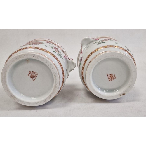 68 - Pair 19th century Samson porcelain cache pot in the Chinese armorial style, pink floral decorated wi... 