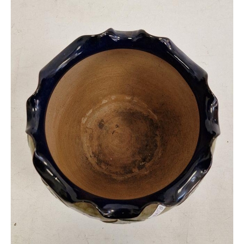 1 - Doulton Lambeth stoneware jardiniere with wavy inverted rim, the green body with blue floral and fol... 