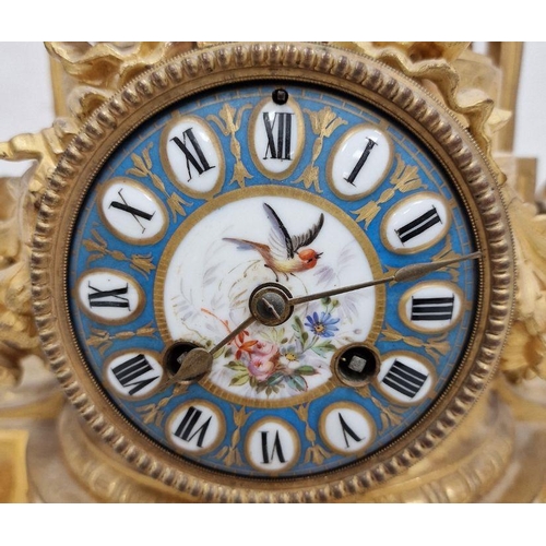 1006 - 19th century French ormolu and porcelain mantel clock with striking movement ,with foliate finial ab... 