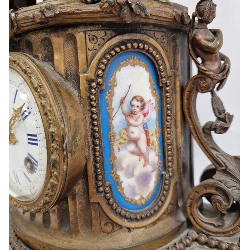 1009 - Leroy French bronze and porcelain inlaid mantel clock with eight-day striking movement, the demi-lun... 