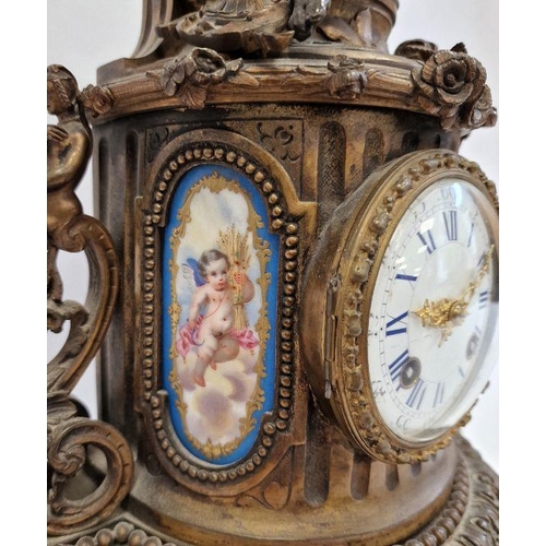 1009 - Leroy French bronze and porcelain inlaid mantel clock with eight-day striking movement, the demi-lun... 