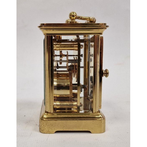 1013 - Miniature Matthew Norman five-sided glass and brass carriage clock with Roman numerals, 8cm high