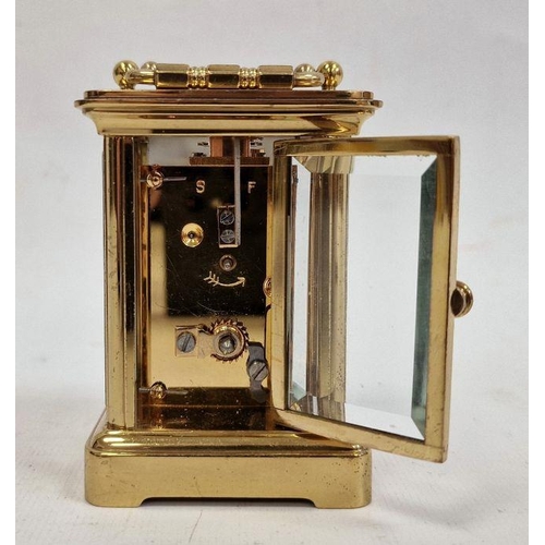 1013 - Miniature Matthew Norman five-sided glass and brass carriage clock with Roman numerals, 8cm high