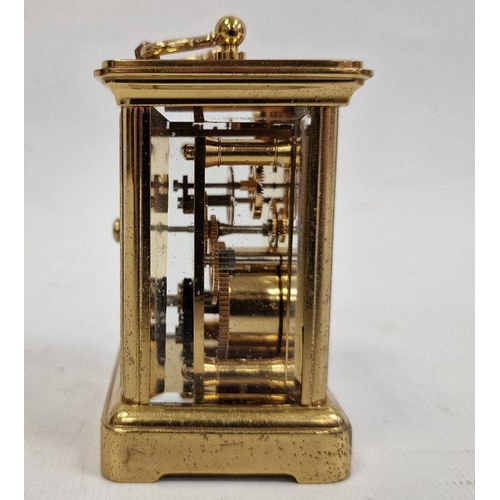 1013 - Miniature Matthew Norman five-sided glass and brass carriage clock with Roman numerals, 8cm high