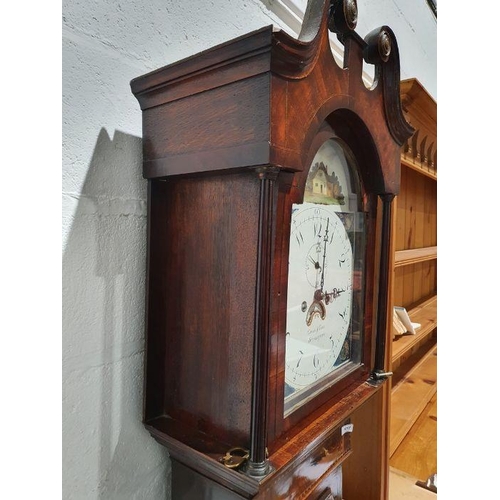 1017 - George III inlaid mahogany longcase clock with swan-neck pediment, the painted arched dial decorated... 