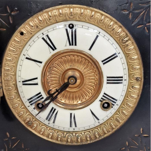 1021 - Slate-cased mantel clock with Roman numerals to the enamel dial