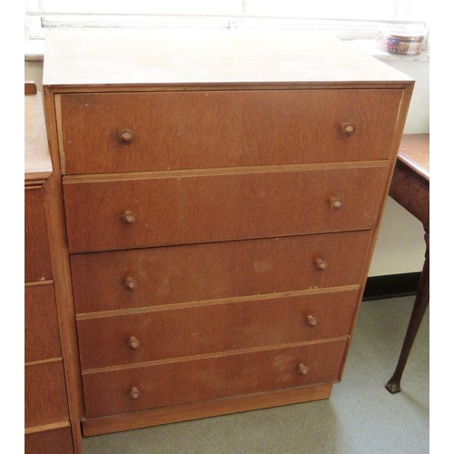 1053 - Mid 20th century modern oak chest of five long drawers, on plinth base, labelled to interior 'Suppli... 