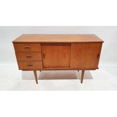 1061 - Mid century modern teak sideboard with three drawers, two sliding cupboard doors, on cylindrical tap... 