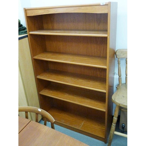 1063 - Mid century modern teak open bookcase with adjustable shelves, on plinth base, 147.5cm h x 89.5cm w ... 