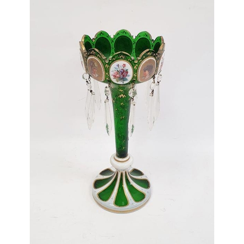 108 - Bohemian overlay glass lustre with green trumpet-shaped bowl and scalloped top, bearing alternating ... 