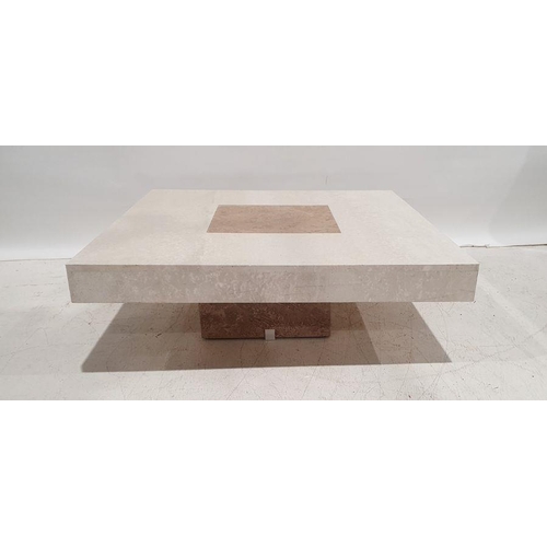 1145 - Polished stone square coffee table with two-tone top, on square base, 33cm x 100cm x 100cm