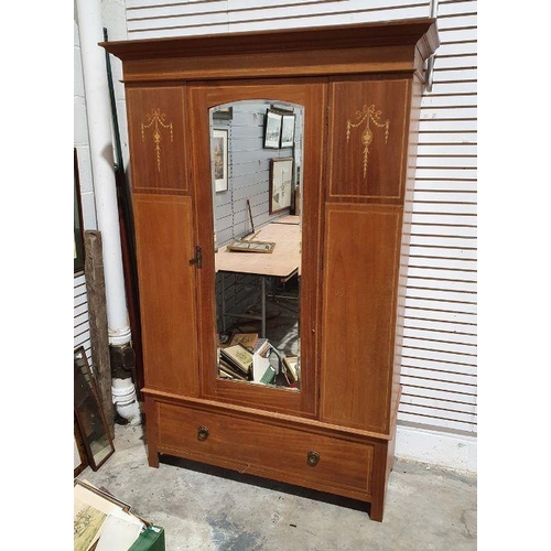 1158 - Edwardian mahogany and inlaid wardrobe with moulded cornice above single mirrored door, above single... 