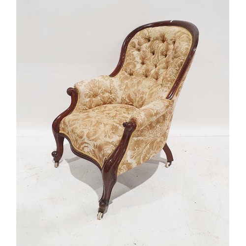 1180 - Early Victorian armchair with mahogany frame and yellow button-back upholstery, serpentine front, ca... 