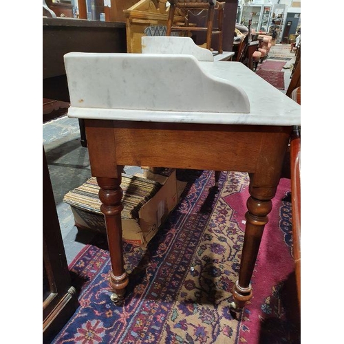 1191 - Early Victorian washstand, the three-quarter white marble galleried top above two drawers, on turned... 