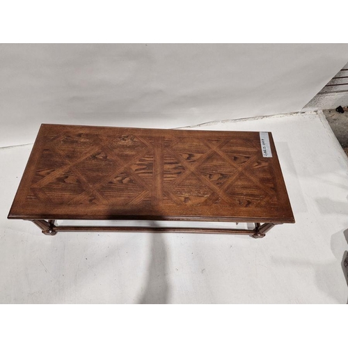 1195 - 20th century coffee table, the rectangular top with moulded edge, on turned and fluted supports, str... 