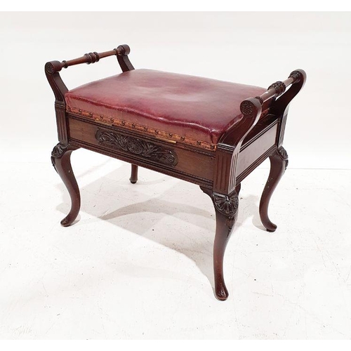 1206 - Victorian mahogany piano stool with red leather seat, the whole on cabriole legs, 56cm x 67cm x 36cm