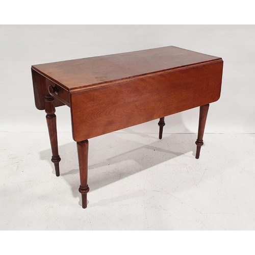 1208 - Victorian mahogany pembroke table, the drop leaves with curved corners, drawer with bun handle, on t... 