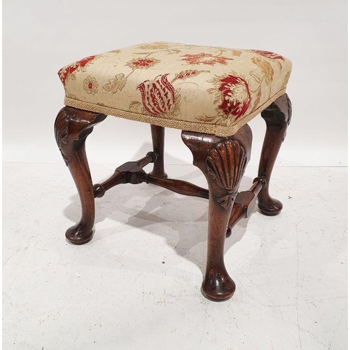 1211 - Late Georgian stool, the square top on cabriole legs with shell carving to the knees, turned and str... 