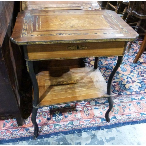 1214 - 19th century mahogany and parquetry inlaid worktable, the rectangular top with canted corners and un... 