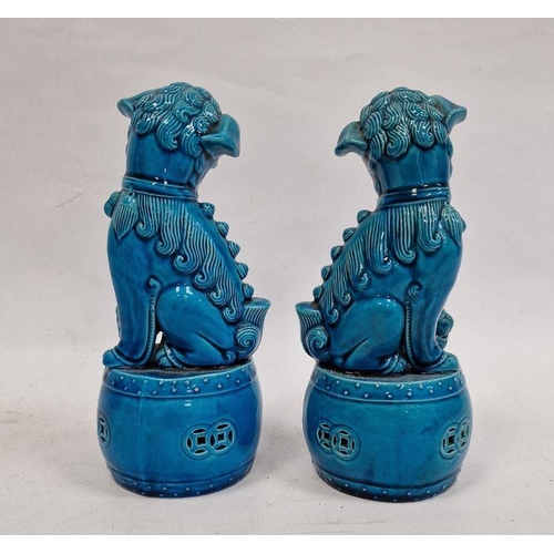 123 - Pair Chinese turquoise glazed Buddhist lions each on a circular drum base, 20cm high