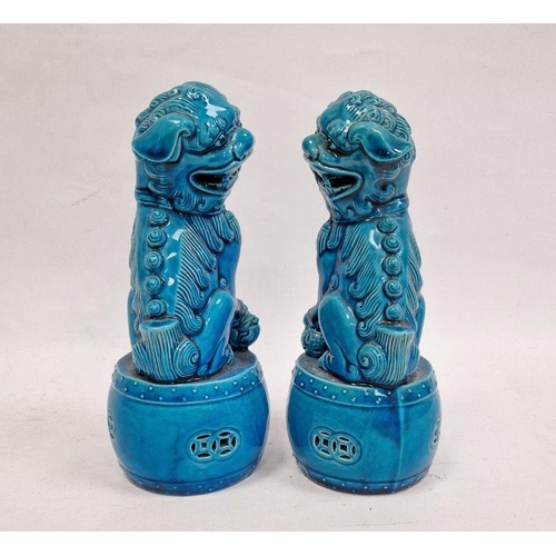 123 - Pair Chinese turquoise glazed Buddhist lions each on a circular drum base, 20cm high