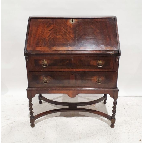 1277 - 20th century walnut two-drawer bureau on barleytwist supports, stretchered base, 97cm x 76cm x 40cm