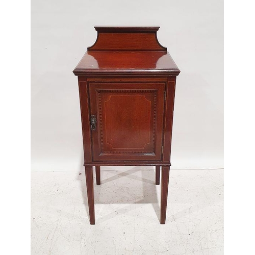 1279 - 19th century  mahogany and inlaid single door pot cupboard on square section tapering supports, 85cm... 