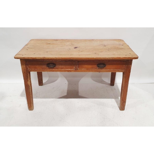 1283 - Vintage pine two-drawer table on square section tapering supports, 75cm x 133cm x 72cm