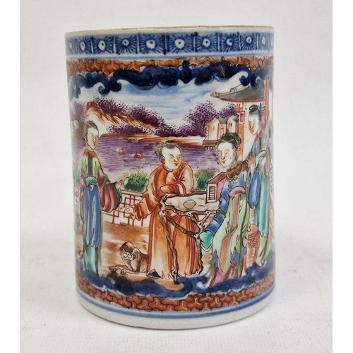 132 - Chinese mug in famille rose decoration, figures in landscape with horn handle