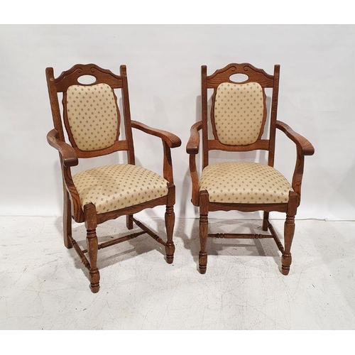 1324 - Pair of modern oak framed armchairs with yellow upholstered seats and backs, on turned front legs (2... 