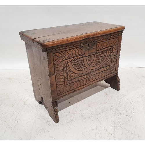 1328 - Unusual possibly 18th century or earlier small coffer with rectangular top, carved front panel, stil... 