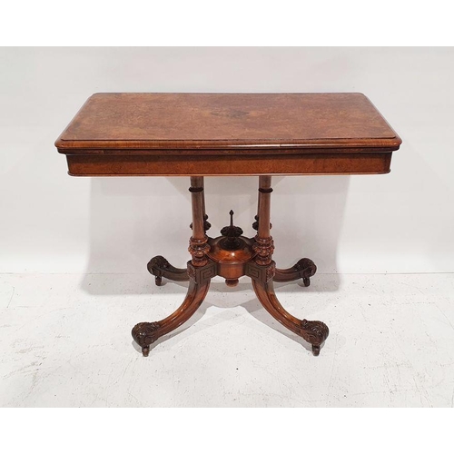 1334 - Victorian burr walnut card table, the rectangular top with rounded corners and moulded edge, open to... 