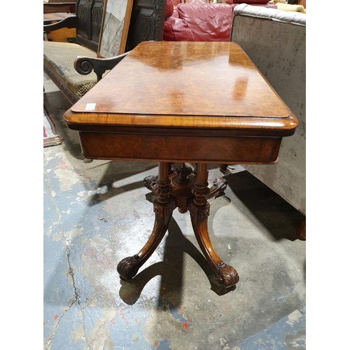 1334 - Victorian burr walnut card table, the rectangular top with rounded corners and moulded edge, open to... 