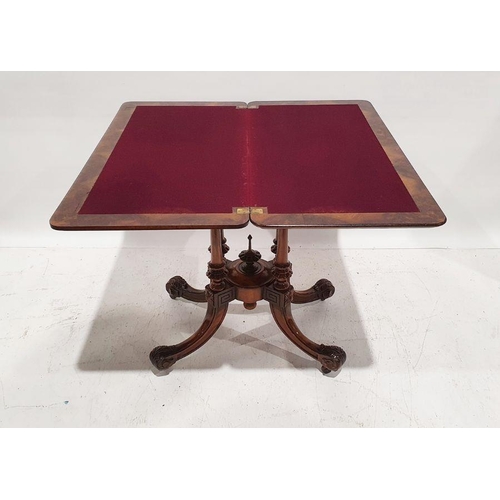 1334 - Victorian burr walnut card table, the rectangular top with rounded corners and moulded edge, open to... 