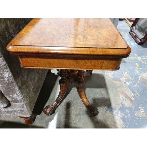 1334 - Victorian burr walnut card table, the rectangular top with rounded corners and moulded edge, open to... 