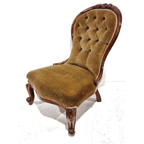 1342 - Victorian nursing chair with mahogany frame, mustard upholstered seat and back, on cabriole front le... 