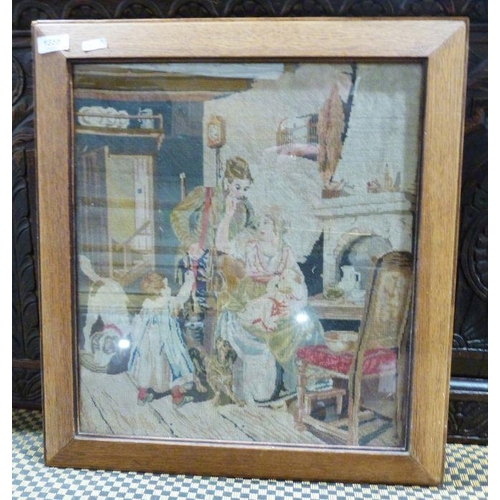 1355 - Needlework panel featuring vintage interior scene, in oak frame, 41cm x 37cm