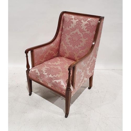 1358 - 19th century mahogany and satinwood strung armchair, on square section tapering supports to castors