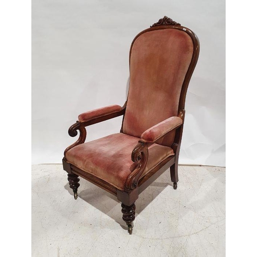 1368 - Early 18th century rosewood framed armchair with pink upholstered seat, back and armrests, carved to... 