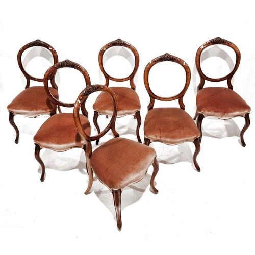 1371 - Set of six Victorian walnut balloonback chairs with carved top rail, circular back, serpentine front... 