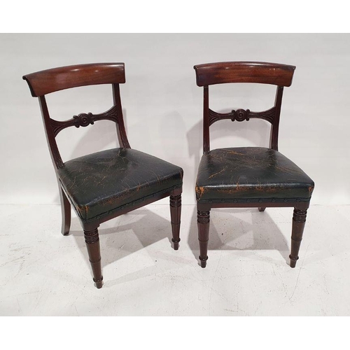 1372 - Set of six early 19th century mahogany dining chairs, each with curved shoulderboard, moulded target... 