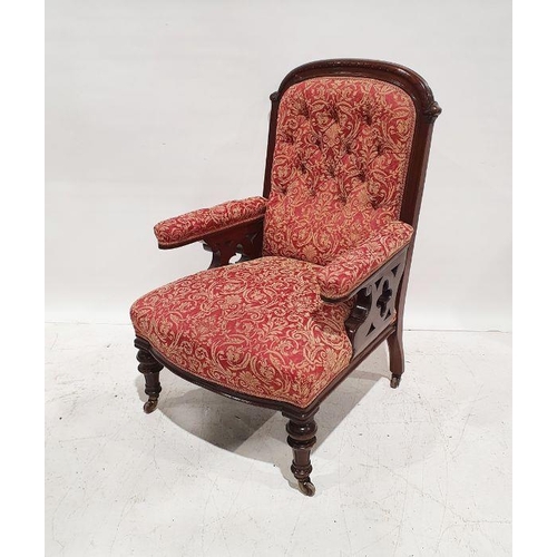 1376 - Victorian mahogany armchair with upholstered seat, back and armrests, on turned front legs to brown ... 