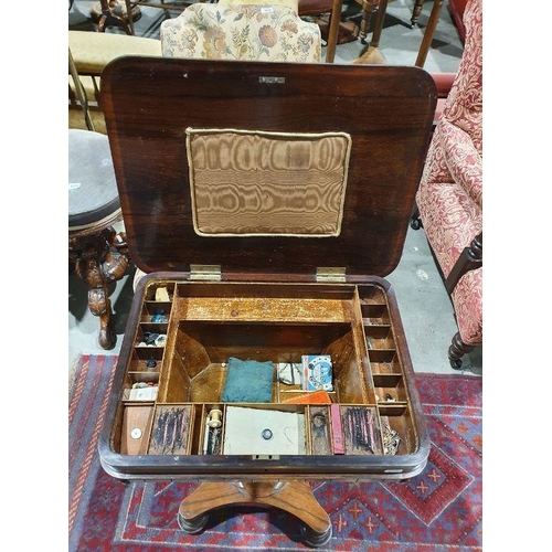 1380 - Victorian rosewood worktable, the rectangular top with rounded corners, opening to reveal part fitte... 