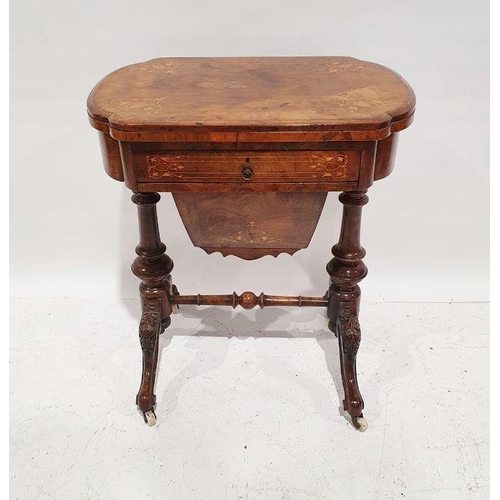 1382 - Early Victorian walnut gaming/work table, the lozenge-shaped top with satinwood inlay, opening to re... 