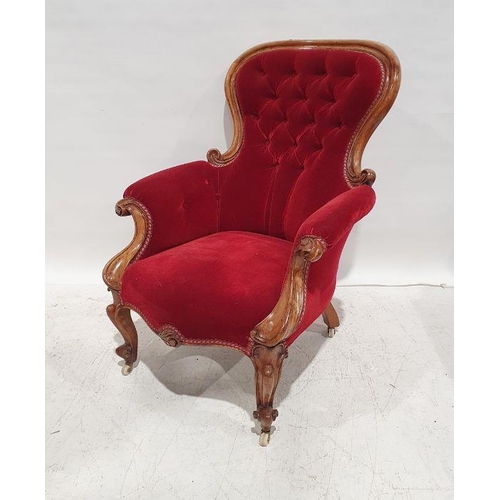 1401 - Victorian armchair with red upholstered seat, back and arms, on cabriole front legs to white china c... 