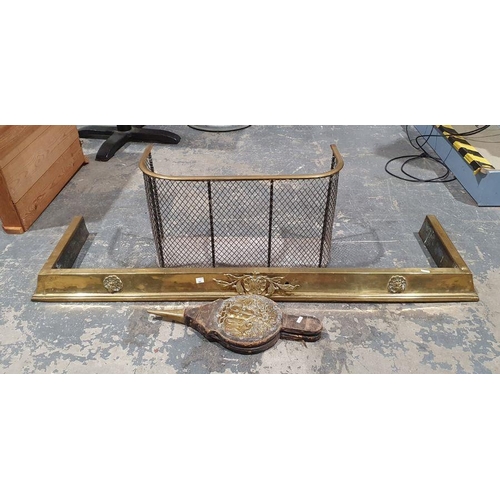 1403 - Brass curb, a nursery spark guard and set of bellows (3)