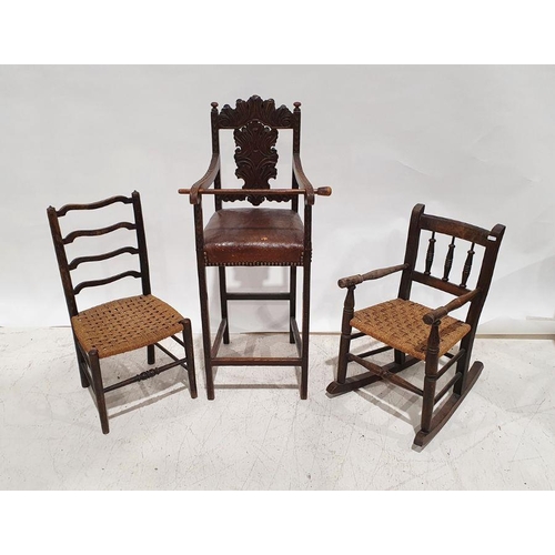 1406 - Pair of vintage child's wicker seated chairs and an antique oak child's high chair with foliate carv... 